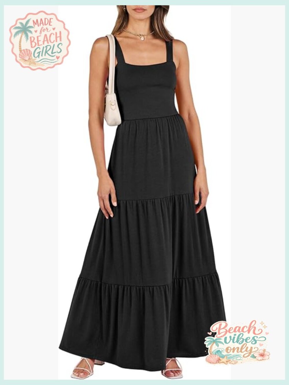 Women's Sleeveless Square Neck Flowy Tiered Maxi Dress with Pockets